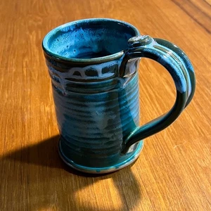 Handmade Pottery Blue Green Glazed Stoneware Ceramic  Artisan Thrown Coffee Mug - Picture 1 of 5