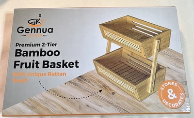 Cesta de frutas de bambú de 2 niveles con toque único de ratán para mostrador de cocina Foto 1 de 3