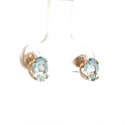 Estate 14k Yellow Gold Dainty Oval Pale Blue Aquamarine Solitaire Stud Earrings - Image 1 of 4
