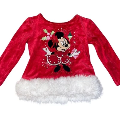 Винтажный Y2K Disney девочек Минни-Маус бархата меха отделки праздничный Рождество туника 2T - Изображение 1 из 4