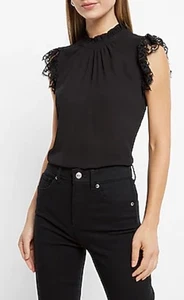 Express Feminine Victorian Ruffle Mock Neck Lace Cap Sleeve Blouse Black S NWT - Bild 1 von 12