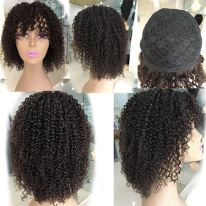Machine Made Kinky Curly Wigs with Bangs Brazilian Human Hair Wig Afro Curly wig - Picture 1 of 15
