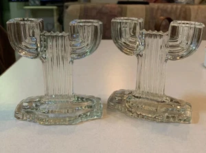 ANCHOR HOCKING QUEEN MARY CACTUS DOUBLE CANDLE HOLDERS VINTAGE PRESSED GLASS  - Picture 1 of 9