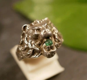Starker Silber Ring Jugendstil Art Deco Löwe Mähne Grüner Facettierter Besatz - Bild 1 von 12