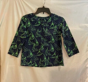 Gap Girls Size XL 12 Navy Blue with Green Boats Lightweight Blouse Beach Summer - Picture 1 of 9