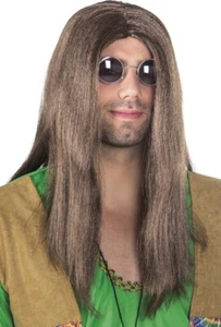 BRAUNE HIPPIE PERÜCKE 70er Jahre Herren Männer Schlager Karneval Kostüm Party - Bild 1 von 2