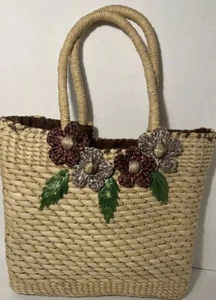 Straw Handbag With Brown Floral Embellishment - Picture 1 of 12