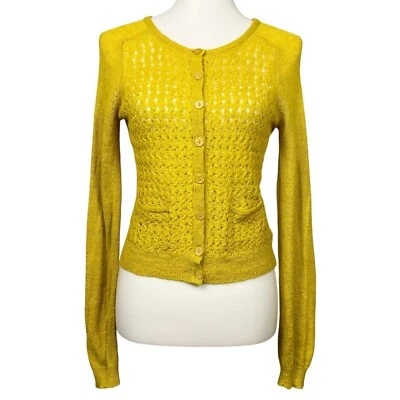 Anthropologie Cardigan Sweater Womens Medium Y2K Pointelle Mohair Knit Yellow - Image 1 of 4