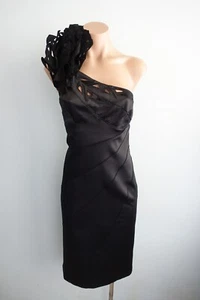 Karen Millen Dress Womens UK 12 Black Satin Embroidered Cut-Out Sheath Occasion - Picture 1 of 16