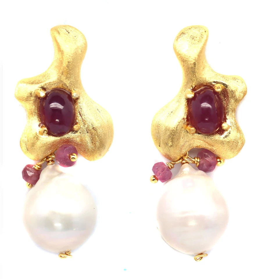925 Sterling Silver 18K Gold Plated White Baroque Pearl & Red Ruby Earrings - Image 1 of 4