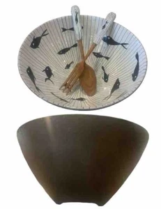 Lagardo Tackett Kenji Fujita MCM Art Pottery Blue Whales Salad Bowl & Server Set - Picture 1 of 9