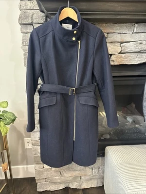 Gabardina para mujer Cole Haan Signature azul oscuro mezcla de lana con cinturón talla 8 Foto 1 de 4