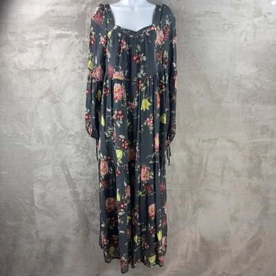 Maxi Vestido Anthropologie Evelin Mujer Talla Mediana Negro Floral Manga Larga Boho Foto 1 de 4