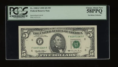 DBR 1995 $5 FRN Atlanta Fr. 1985-F PCGS 58 PPQ Serial F60973367F - Image 1 of 2