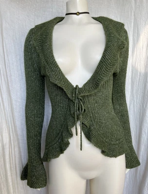 Винтажный y2k оборки Cardi свитер галстук спереди расклешенный рукав зеленый Fairycore мягкий Sml - Изображение 1 из 4