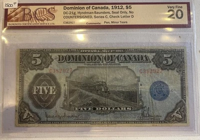1912 Dominion of Canada $5 - DC-21g - BCS Very Fine 20 - S/N: C382927/C - Image 1 of 2
