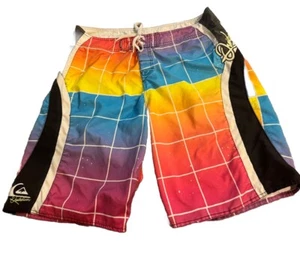 Quiksilver Board Shorts Swim Trunks Long Beach Rainbow Checkered 38 Vintage 90s - Picture 1 of 6