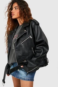 Boohoo - Women’s Oversized Faux Leather Belted Biker jacket - size 8 (NEW) - Picture 1 of 3