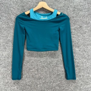 Xersion Cropped Top Girls S Small Blue Cold Shoulder Long Sleeve Stretch Casual - Picture 1 of 4