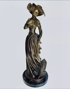 Antique French Statue Sculpture Bronze Style Victorian Woman And Dog Base Marble - Picture 1 of 11