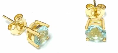 GENUINE 2.12 Cts AQUAMARINE STUD EARRINGS .925 Sterling Silver -Yellow - NWT - Image 1 of 4
