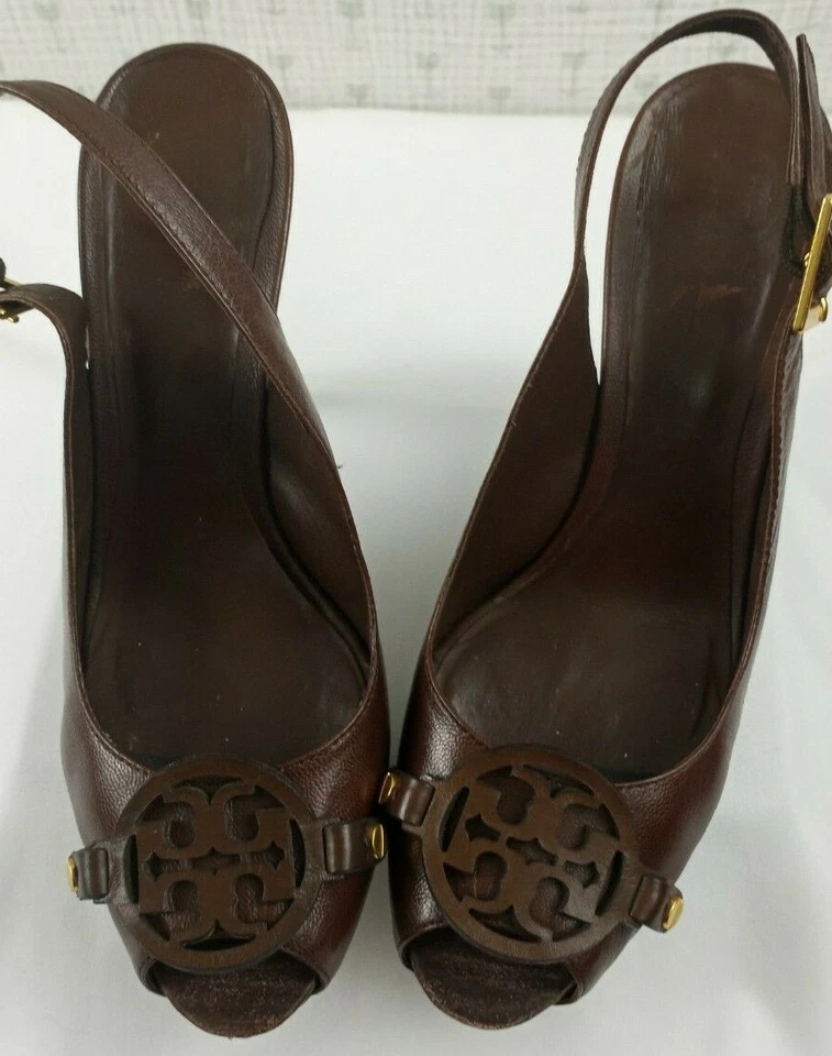TORY BURCH ZAPATOS DE TACÓN PEEP BACK CON PUNTA ABIERTA MARRÓN DORADO TALLA 8 1/2M Foto 1 de 4