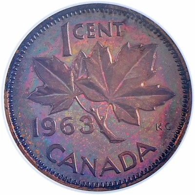 1963 Canada 1C NGC PL65RB Monster Proof-Like Rainbow Color Toned Coin - Image 1 of 3