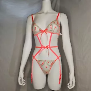 Victoria's Secret Strumpfband Sweetheart Riemchen Teddy klein orange bestickt - Bild 1 von 9