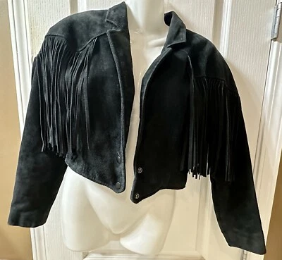 Vaquera occidental vintage años 80 chía flecos gamuza negra cuello en V profundo talla pequeña Foto 1 de 4