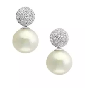 Effy 14K White Gold Pave Diamond & 8mm Freshwater Pearl Stud Earrings - Gift Box - Picture 1 of 5
