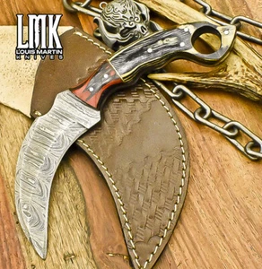LMK Hot Item Karambit Knife Twist Damascus Hard Wood Wooden Bolster Tactical - Picture 1 of 9
