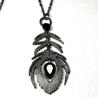 Pewter Tone Peacock Feather Pendant & Chain 24" Faux Black Stones Gothic Spidery - Image 1 of 4
