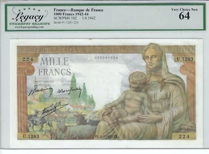1942 - 44 (1942) France 1000 Francs  SCWPM# 102  SN# U.1283 224  LEGACY 64 - Bild 1 von 2