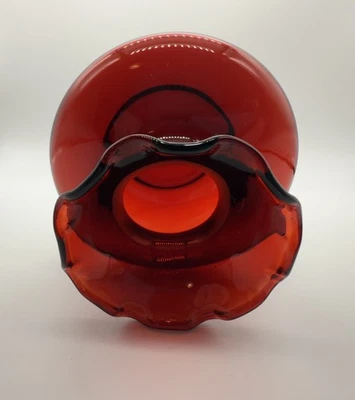 Vintage Anchor Hocking Glass Royal Ruby Red Ruffled Rim Vase 3.25" Tall - Image 1 of 4