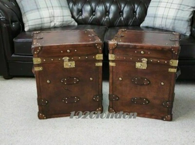 Pair Of Finest English Trunk Leather Antique Inspired Side Table Trunks Amazing - Image 1 of 4