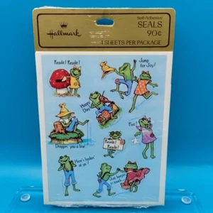 Vtg Hallmark Frog Couple Stickers Wearing Overalls Dancing Readit Hoppy Day Psst - Picture 1 of 10