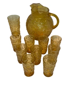 Anchor Hocking Lido Milano Amber Honey Gold Crinkle Glass Pitcher 10 Glasses - Picture 1 of 6