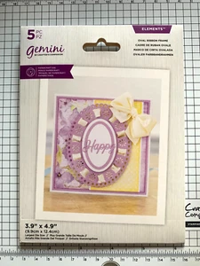 GEMINI. "ELEMENTS" OVAL RIBBON FRAME. X 5 pcs...HAPPY SENTIMENT DIE. - Picture 1 of 5