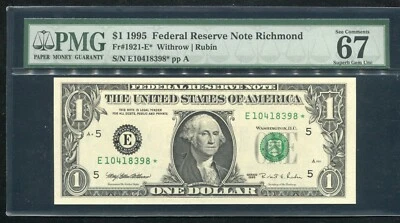 FR.1921-E* 1995 $1 ONE DOLLAR *STAR* FRN RICHMOND, VA PMG GEM UNCIRCULATED-67EPQ - Image 1 of 2