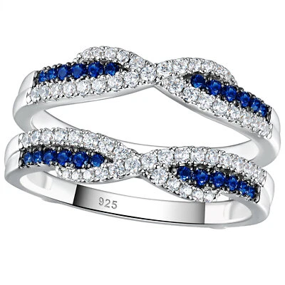 Blue Sapphire White CZ Wedding Band for Women Ring Guards Enhancers Wraps Silver - Image 1 of 4