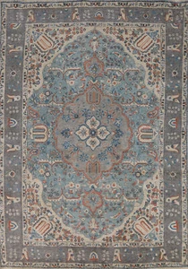 Vintage Overdyed Blau Geometrisch Tebriz Vorleger 6x9 Wohnzimmer Handgeknüpfter Teppich - Bild 1 von 22