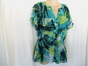Worthington top tunic Large green yellow floral lined flutter sleeve smocked - Picture 1 of 9