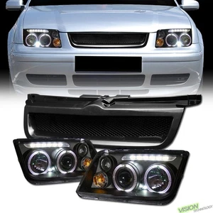 Black LED Halo Projector Headlights Parking+Fog+Mesh Grille For 99-05 Jetta/Mk4 - Picture 1 of 2