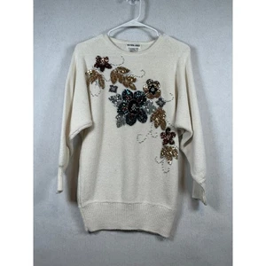 Victoria Jones Damen Strickpullover creme Pailletten Blumen Perlen Langarm Oberteil L - Bild 1 von 8