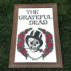 Vintage Grateful Dead Mirror Glass Wood Framed Roses Skeleton - Picture 1 of 14