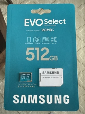 SAMSUNG EVO Select 512 GB Micro SD card Memory Card & Adapter - Brand New - Image 1 of 2