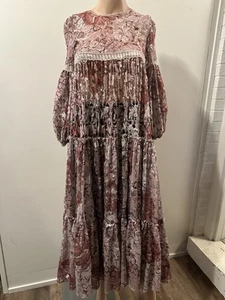Joyfolie Mia Joy Ember Lace Ruffle Midi Dress Pink ( Multicolor) Long Sleeve S - Picture 1 of 15