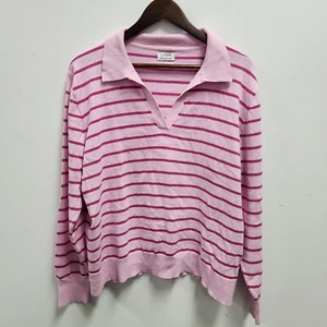 J Crew Womens Cotton Cashmere Blend Polo Size XL* Pink Striped Barbiecore - Picture 1 of 12