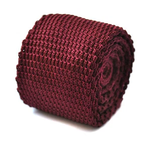 Frederick Thomas Knitted Silk Mens Tie - Burgundy Maroon - Plain Skinny Wedding - Picture 1 of 3