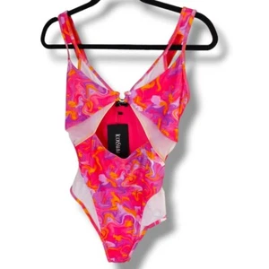 Size Large Womens Swimwear One Piece Cut Out Sheer Tie Dye Sexy NWT Spring - Picture 1 of 9